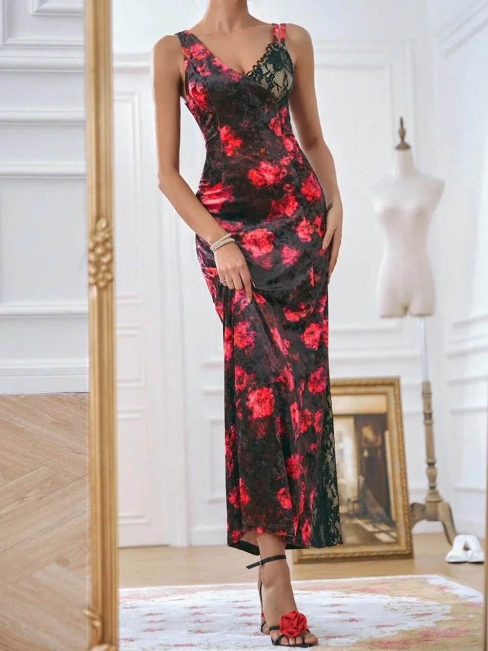 Black Elegant Women's Velvet Printed Oblique Shoulder Lace Patchwork Midi Dress